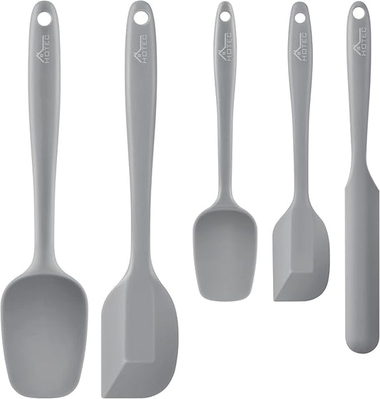 HOTEC 600℉ Heat Resistant BPA-Free Silicone Rubber Spatula Set,Kitchen Cooking Spatulas, Baking, Mixing for Non Stick Cookware, Dishwasher Safe, Set of 5 Grey by Hotec