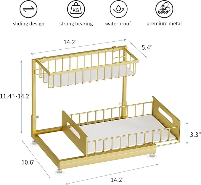 Saydear Under Sink Organizer Storage 2-Tier Premium Metal Pull-Out Kitchen Cabinet Organizer with Sliding Drawer, Height Adjustable, Heavy Duty for Kitchen & Bathroom Organizers 1 Pack Gold - Image 6