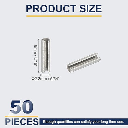 PATIKIL Slotted Spring Pin, 50 Pcs 5/64" x 5/16" (2.2mm x 8mm) 304 Stainless Steel Split Roll Pins Spring Dowel for Home Improvement Automotive Machine Repair, Silver