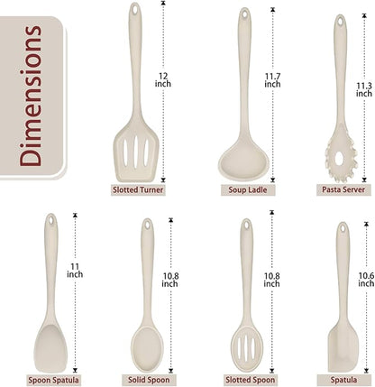 P&P CHEF Silicone Cooking Utensils Set of 7, Heat-proof Kitchen Utensils Set for Nonstick Cookware, Non-stick Spatula, Slotted Turner, Soup Ladle, Pasta Server, Spoon for Cooking Serving - Khaki - Image 2