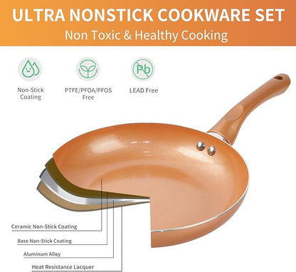 M MELENTA Pots and Pans Set Ultra Nonstick, Pre-Installed 11pcs Cookware Set Copper with Ceramic Coating, Stay cool handle & Nylon Kitchen Utensils, Gas/Induction Compatible, 100% PFOA Free - Image 6