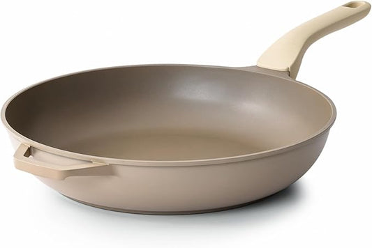 PRICUSIS Nonstick Frying Pan, 8/10/12 Inch Skillet with Stay Cool Handle, Stain/Scratch/Crack Proof, Induction Compatible & Oven Safe, Dishwasher Safe, PFOA Free (12-Inch, Natural Linen)