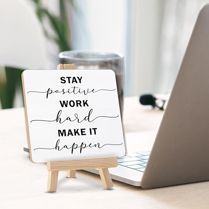 Inspirational Stay Positive Work Hard Make It Happen Sign, Encouragement Gifts for Women Men Wood Sign with Easel Home Office Desk Shelf Tabletop Decor - Image 3