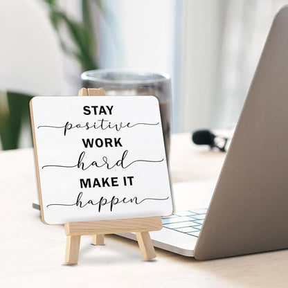 Inspirational Stay Positive Work Hard Make It Happen Sign, Encouragement Gifts for Women Men Wood Sign with Easel Home Office Desk Shelf Tabletop Decor - Image 3