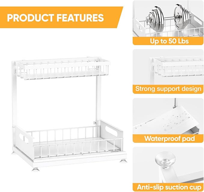 Saydear Under Sink Organizer Storage 2-Tier Premium Metal Pull-Out Kitchen Cabinet Organizer with Sliding Drawer, Height Adjustable, Heavy Duty for Kitchen & Bathroom Organizers 2 Pack White - Image 6