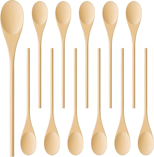 MORGLES 12 Pcs Wooden Spoons for Cooking, 12 Inches Soup Spoons for Eating, Mixing Stirring Tasting Food, Long Handle Wooden Kitchen Utensil for Cooking and DIY