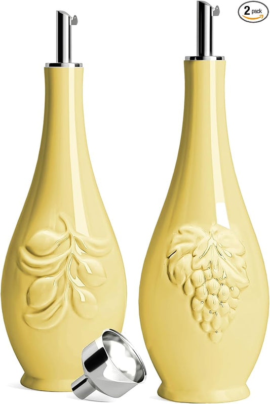 HOMBENE Porcelain Oil and Vinegar Dispenser, 16oz Oil Dispenser for Kitchen, Leakproof Oil Containers for Cooking Set for 2, 500ml (Lemon Yellow)