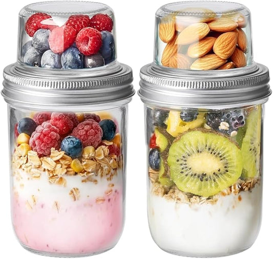 ComSaf Overnight Oats Containers with Lids (16OZ+4OZ, 2PCS) On-The-Go Dual-Laryer Yogurt Parfait Cups with Dry and Wet Separation Mason Jars for Chia Pudding Cereal Nut Fruit Meal Prep Salad by ComSaf