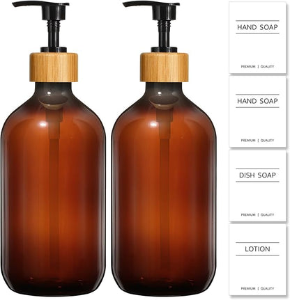 KASUNTING Amber Soap Dispenser Plastic, Brown Dish Soap Dispenser with Bamboo Pump for Kitchen,17 Fl Oz Hand and Dish Dispenser Set for Bathroom, Farmhouse Liquid Soap and Lotion Dispensers Bottle by ALPIRIRAL