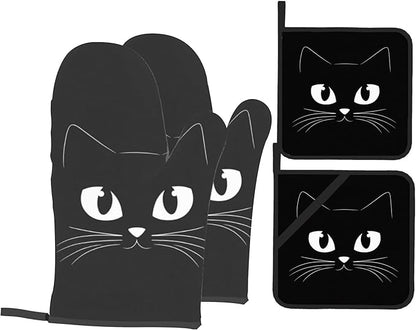 Oven Mitts and Hot Pads Set - Black Cat Design, Heat Resistant Cute Pot Holders for Kitchen, Baking Gifts for Women