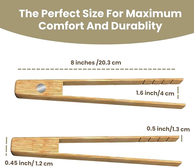Toaster Tongs With Magnet | Bamboo Kitchen Utensils For Cooking & Holding Toast Bacon Muffin Bagel Bread | 8" Long Natural Toxic Free Magnetic | 2pcs Set - Image 3