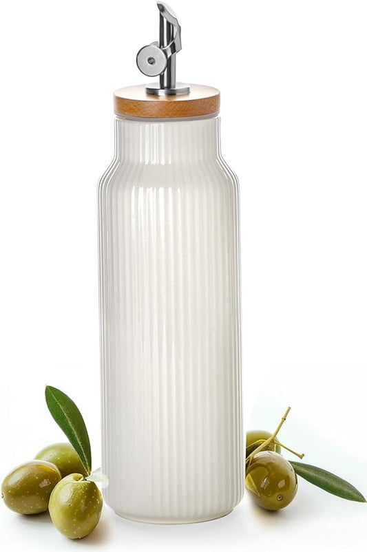 Nucookery 20oz Ceramic Olive Oil Dispenser Bottle for Kitchen spray, Large Capacity Cooking Oil Container for Storage Vinegar, Soy Sauce, Coffee Syrup, Liquids, White