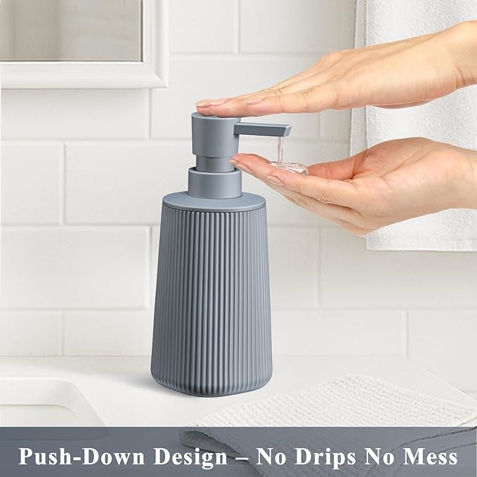 Gray 2 Pack Hand Soap Dispensers Set with No Rust Pump for Bathroom and Kitchen Countertops Refillable Matte Striped Plastic 8.5 oz