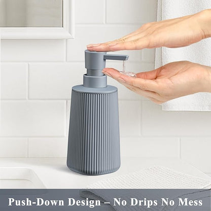 Gray 2 Pack Hand Soap Dispensers Set with No Rust Pump for Bathroom and Kitchen Countertops Refillable Matte Striped Plastic 8.5 oz