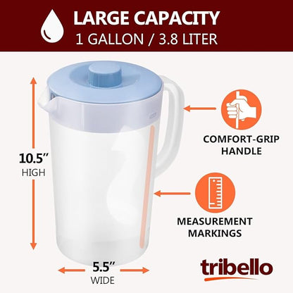 Tribello 1 Gallon Pitcher with Lid, Clear Plastic Water Pitcher with 3-Way Lid, Freezer/Dishwasher Safe, and BPA Free (1 Gallon) - Image 3