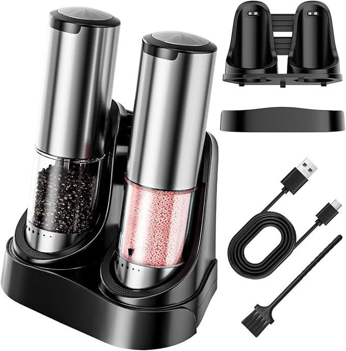 Electric Salt and Pepper Grinder Set - 6 Adjustable Coarseness, One-Handed Operation Design - Automatic Salt and Pepper Shakers with Rechargeable Base, Larger Capacity - for Kitchen, BBQ, Gift