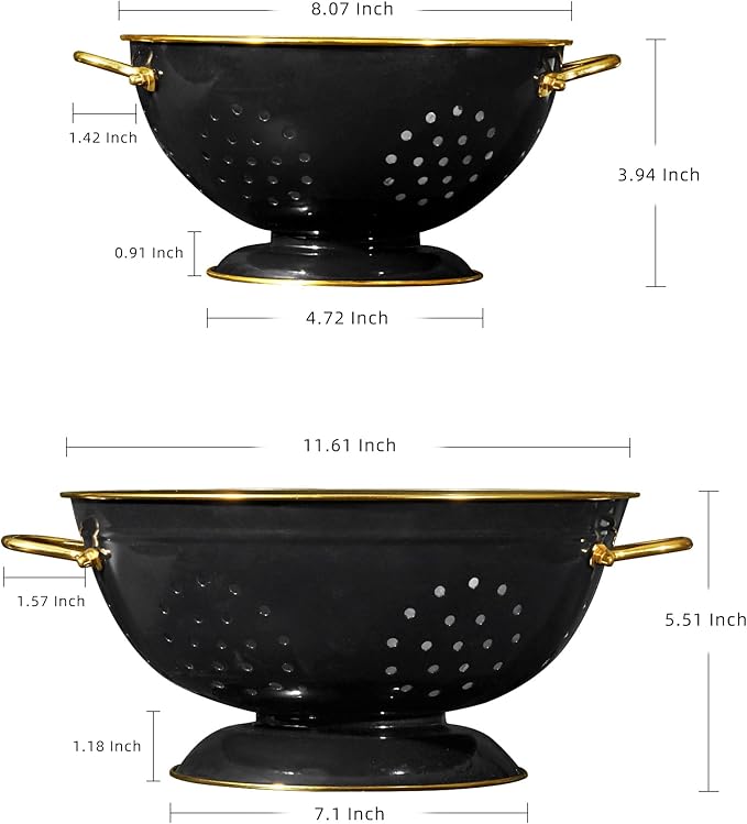 Metal Colander 2 Pack, 3.5 Quart Powder Coated Self-draining Solid Ring Base Metal Large Kitchen Pasta Vegetable Fruit Strainer with Handle (L-BLACK) - Image 2