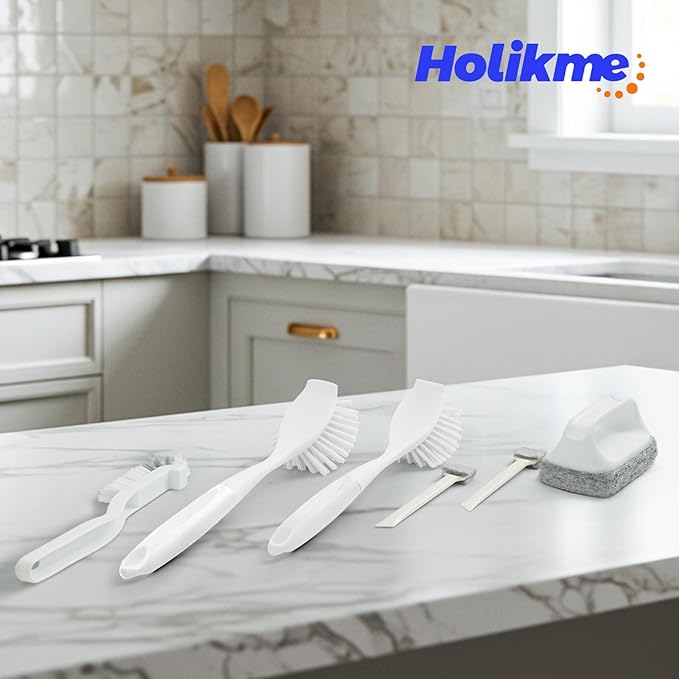 Holikme Cleaning Brush Set, Scouring Pad for Cleaning, Groove Gap Brushes for Pot, Pan, Kitchen Sink, Wire Brushes (White) - Image 7