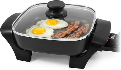 Elite Gourmet EG808 Electric Skillet 8"x8" Non-Stick Coating, Tempered Glass Lid, Removable Thermostat 200°F–400°F, Dishwasher Safe, 600W Compact 2.5-Qt Capacity for Eggs, Bacon & One-Pot Meals, Black by EliteGourmet