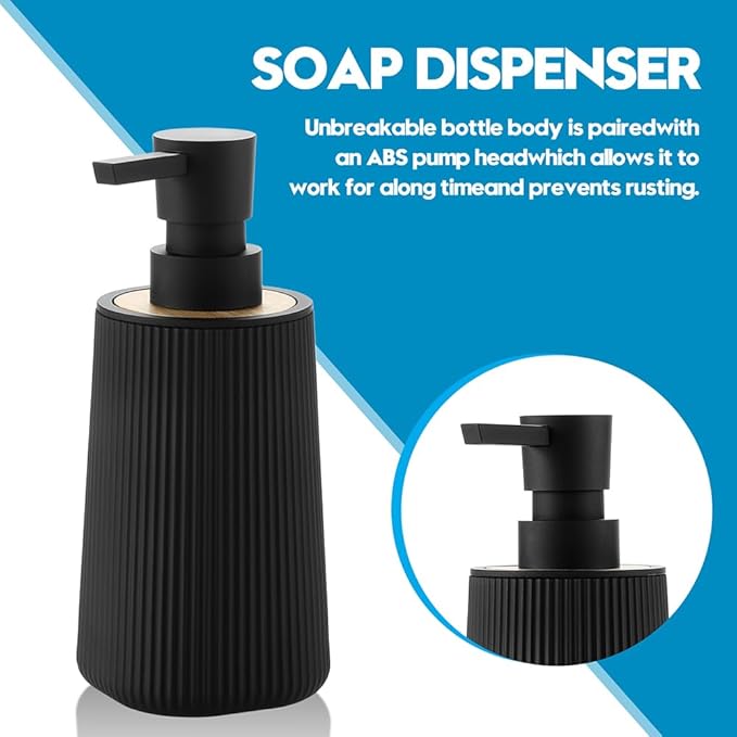 Small Soap Dispenser for Bathroom and Kitchen, Modern Farmhouse Striped Style Plastic Hand Soap Dish Soap Dispenser with Bamboo Decor Black - Image 5