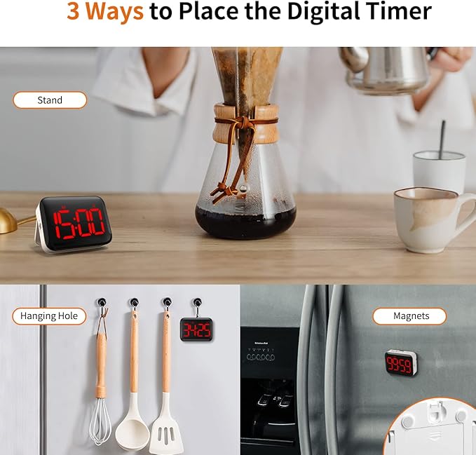 VOCOO Magnetic Kitchen Timer for Cooking with Count Up Countdown, Digital Timer Battery Powered with Large Display, 2 Brightness and Volume Levels for Classroom, Teacher, Kids (Red) - Image 6