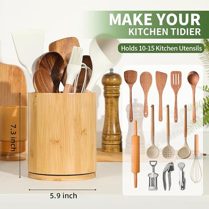 Wooden Utensil Holder, 360°Rotating 7.3'' Large Utensil Holder for Kitchen Counter, Kitchen Utensil Organizer, Utensil Crock, Farmhouse Kitchens Countertop Decor, Bamboo Wood - Image 2
