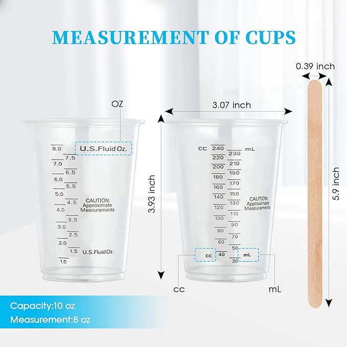 200 PACK Plastic Measuring Cups, 8 oz Disposable Mixing Cups with 100 Wooden Mixing Sticks, Can Be Used for Epoxy Resin, Liquid Measuring, Paint, Cooking and Baking - Image 7