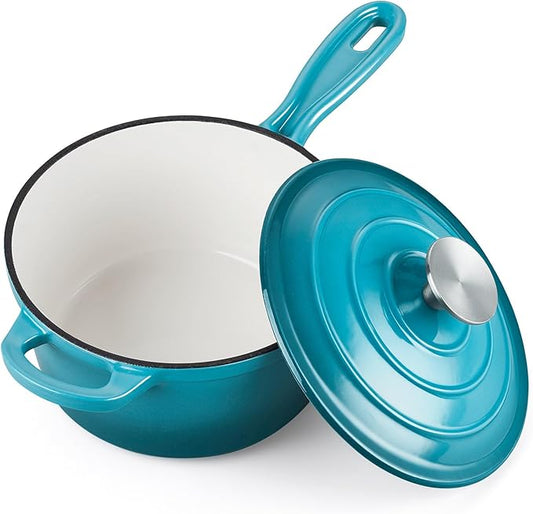 Homikit Cast Iron Sauce Pan, 1 Quart Enameled Cast Iron Saucepan with Lid for All Cooktops, Small Pot Mini Dutch Oven for Kitchen Cooking, Boiling, Nonstick & Heavy Duty, Teal Ombre