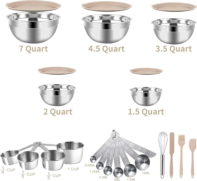 WEPSEN Mixing Bowls Set, 25PCS Khaki Mixing Bowls With Lids Set Stainless Steel Kitchen Large Nesting Metal Bowl 7QT to 1.5QT, Measuring Cups and Spoons for Prepping Cooking Serving - Image 8