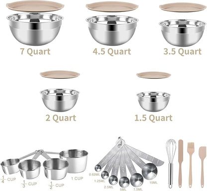 WEPSEN Mixing Bowls Set, 25PCS Khaki Mixing Bowls With Lids Set Stainless Steel Kitchen Large Nesting Metal Bowl 7QT to 1.5QT, Measuring Cups and Spoons for Prepping Cooking Serving - Image 8