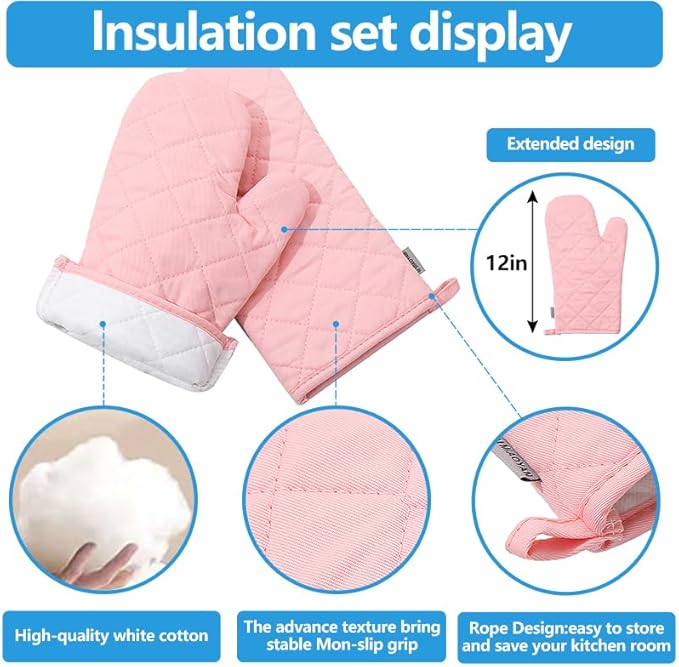 Oven Mitts and Pot Holders 4 pcs Set,High Heat Resistant 500 Degree Extra Thicken Long Kitchen Cotton Oven Glove for Cooking (12 Inch,Pink)… - Image 3