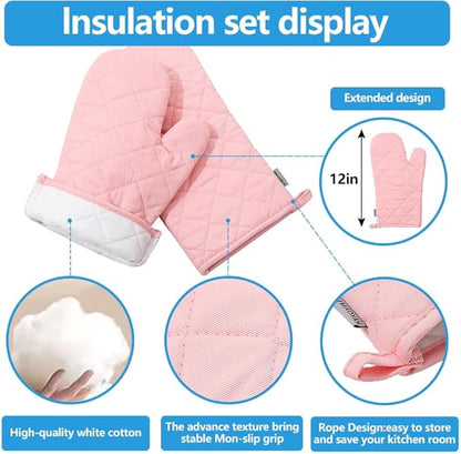 Oven Mitts and Pot Holders 4 pcs Set,High Heat Resistant 500 Degree Extra Thicken Long Kitchen Cotton Oven Glove for Cooking (12 Inch,Pink)… - Image 3