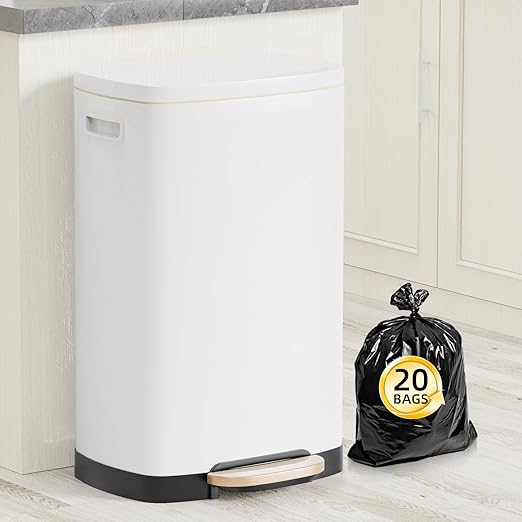 KdbK 13 Gallon Trash Can with Lid, 50L Fingerprint Proof Stainless Steel Kitchen Trash Can with Removable Inner Bucket and Lid Soft Close, Pedal Rubbish Bin for Home Office, White by trashcan