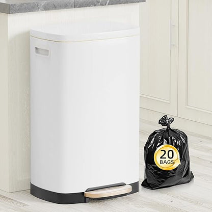 KdbK 13 Gallon Trash Can with Lid, 50L Fingerprint Proof Stainless Steel Kitchen Trash Can with Removable Inner Bucket and Lid Soft Close, Pedal Rubbish Bin for Home Office, White by trashcan