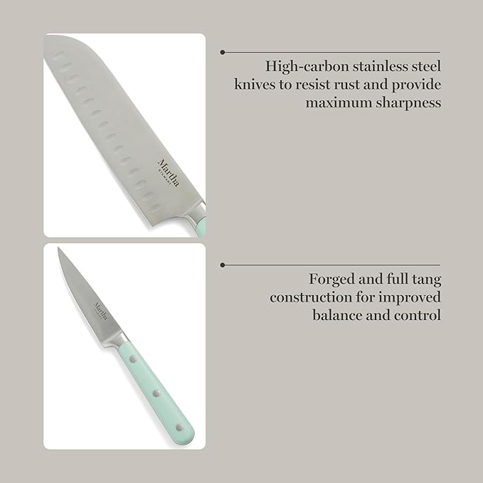 MARTHA STEWART Eastwalk 14 Piece High Carbon Stainless Steel Cutlery Knife Block Set w/ABS Triple Riveted Forged Handle Acacia Wood Block - Martha Blue - Image 4