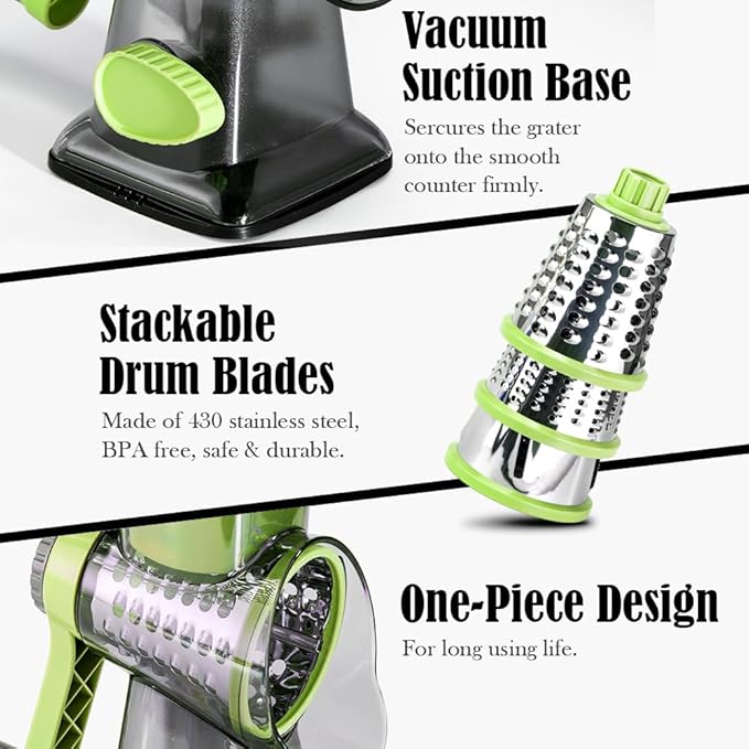 Quick Rotating Cheese Grater, Manual 3-in-1 Vegetable Chopper with Interchangeable Blades and Suction Cup Base (Green) - Image 3