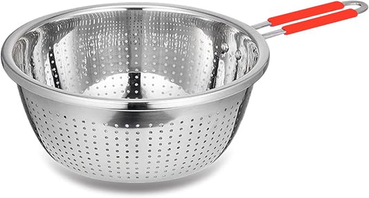 Stainless Steel Perforated Metal Colander Strainer with Long Red Handle Sieve Sifters Use for Kitchen Food Pasta Noodles Spaghetti Vegetables Silver - 10.24 inch (C072-Mer-26)