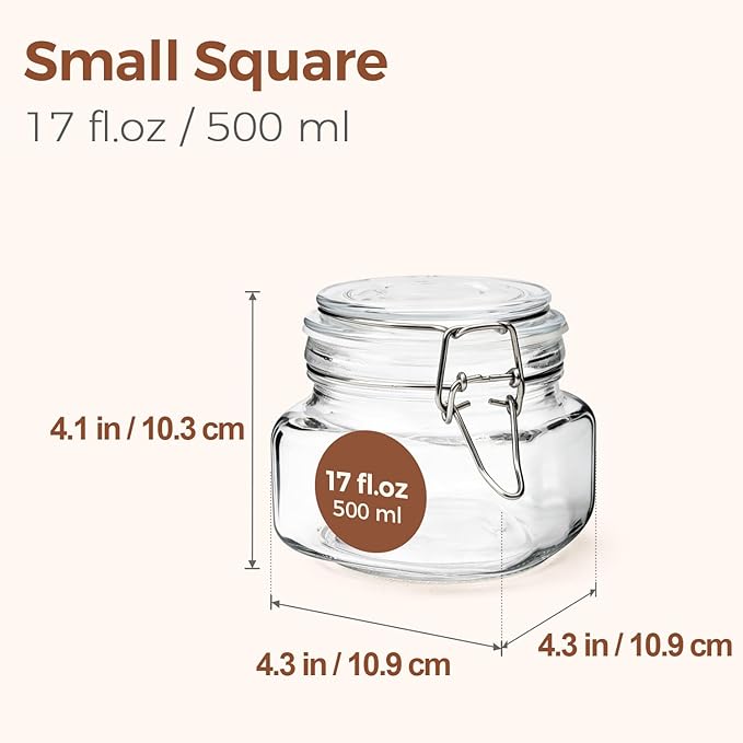 ComSaf Set of 6 Square Glass Jars with Airtight Wire Clamp Lids (17 Oz), Wide Mouth Pantry Canisters for Overnight Oats, Jam, Pickling, Spice Storage, Gifts - Image 2