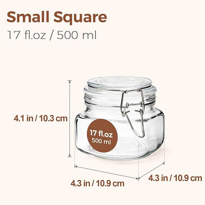 ComSaf Set of 6 Square Glass Jars with Airtight Wire Clamp Lids (17 Oz), Wide Mouth Pantry Canisters for Overnight Oats, Jam, Pickling, Spice Storage, Gifts - Image 2