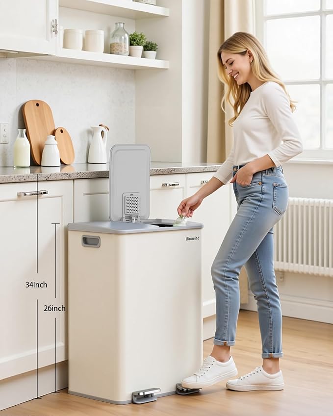 Lovewind Kitchen Trash Can, 2 x 8 Gallon (2 x 30 L) Stainless Steel Trash and Recycle Bin Combo with Soft-Close Lid, Dual Compartment Recycling Kitchen Step Trash Bin, Apricot - Image 2