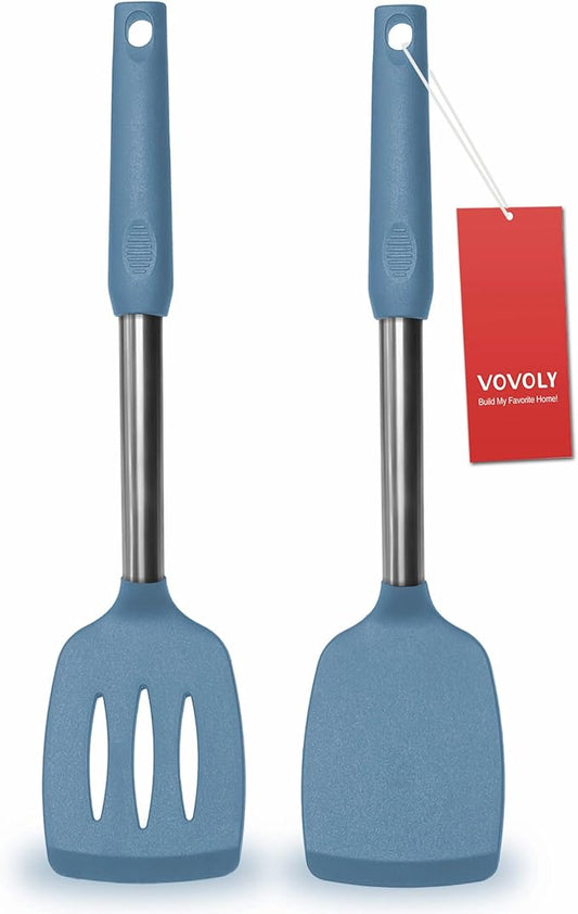2 Pack Spatulas, Solid & Slotted Silicone Spatula Set, Stainless Steel Handle Coated with Silicone, Non Stick, Heat Resistant Rubber Flipper for Fish, Eggs, Pancakes, WOK, Starry Blue by VOVOLY