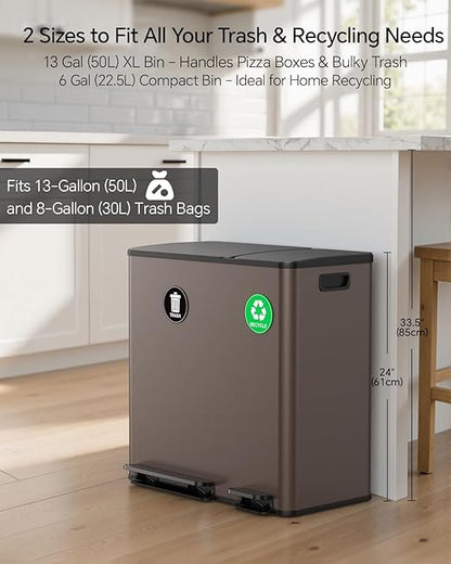 Lovewind Dual Trash and Recycling Bins for Kitchen, 13+6 Gallon Stainless Steel Garbage and Recycle Bin Combo for Large Families, Dual Trash Can with Soft Close Lid & Magnetic Stickers, Brown - Image 3
