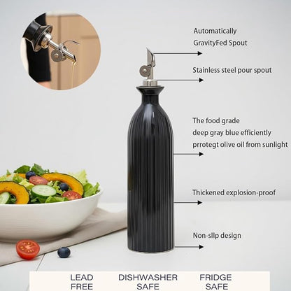 17 oz Ceramic Olive Oil Bottle Dispenser for kitchen with Stainless Automatic Spout, Stoneware 500ml Oil, Vinegar, Soy Sauce, Coffee Syrup, and Liquids container - Deep Gray-Blue