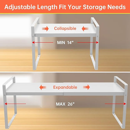 Adjustable Kitchen Shelf Organizer 9", (2 Pack) Heavy-Duty Cabinet Shelves for Countertop, Pantry & Microwave, Expandable Space-Saving Storage Rack with Non-Slip Pads, White