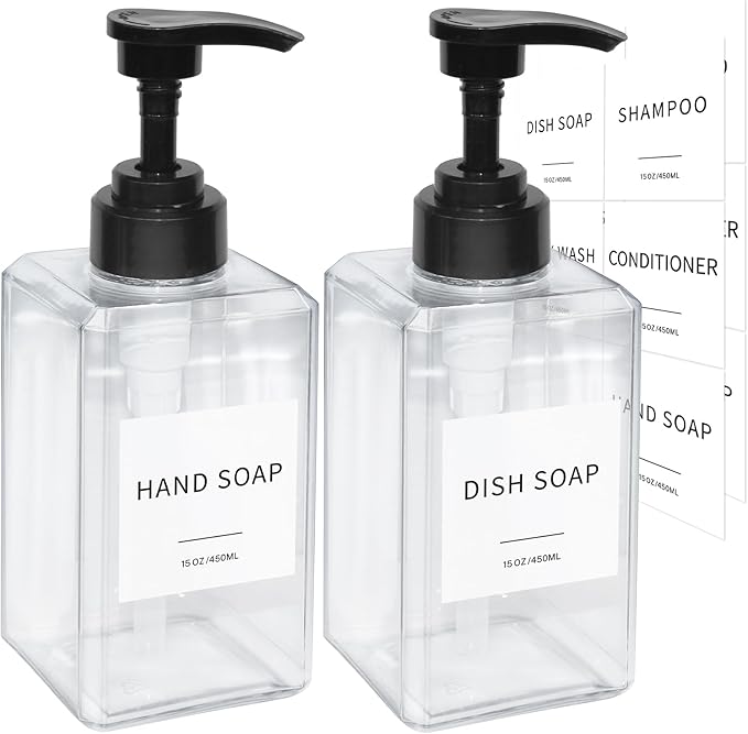 Clear Soap Dispenser with Waterproof Labels, Thickened Plastic Hand Soap Dispenser for Bathroom, Kitchen Dish Washing Liquid Bottles, Shampoo and Conditioner Bottles with Funnel (15oz 2Pack Clear) by Lewistin