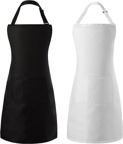Tosewever 2 Pack Adjustable Bib Apron, Waterdrop Resistant Aprons with 2 Pockets Cooking Kitchen Restaurant Aprons for Women Men Chef, BBQ Drawing Crafting Outdoors (Polyester - Black & White, 2)