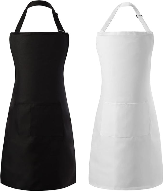 Tosewever 2 Pack Adjustable Bib Apron, Waterdrop Resistant Aprons with 2 Pockets Cooking Kitchen Restaurant Aprons for Women Men Chef, BBQ Drawing Crafting Outdoors (Polyester - Black & White, 2)