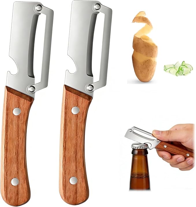 2 Pack 2 in 1 Multi-Functional Vegetable Peeler for Kitchen, Ultra-Sharp Stainless Steel Blade with Ergonomic Wooden Handle & Bottle Opener, Premium Kitchen Tool for Potato, Apple, Carrot, Pumpkin by Unknown