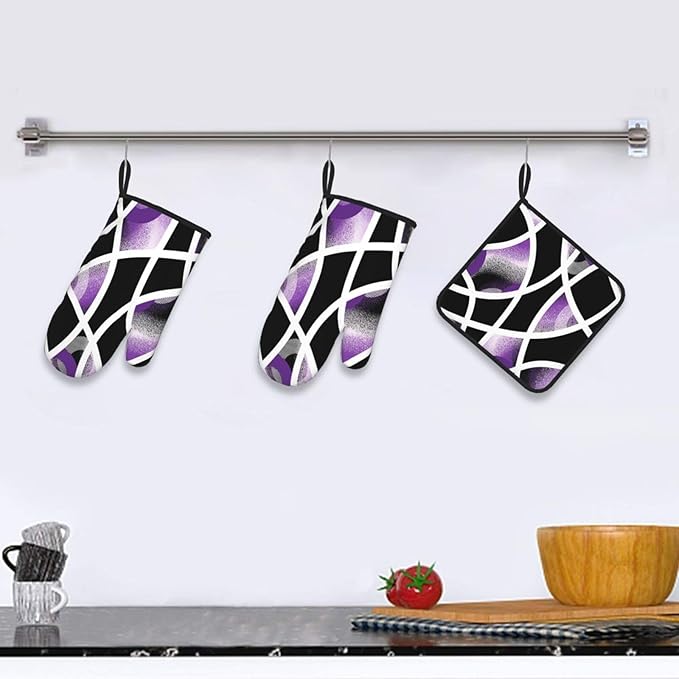 3-Piece Purple Black Abstract Geometric Oven Mitts and Pot Holders Set, Heat Resistant Modern Art Kitchen Gloves Hot Pads for Baking Cooking Grilling, Chef Gifts for Cooking Lovers, Home Decor, Purple - Image 2