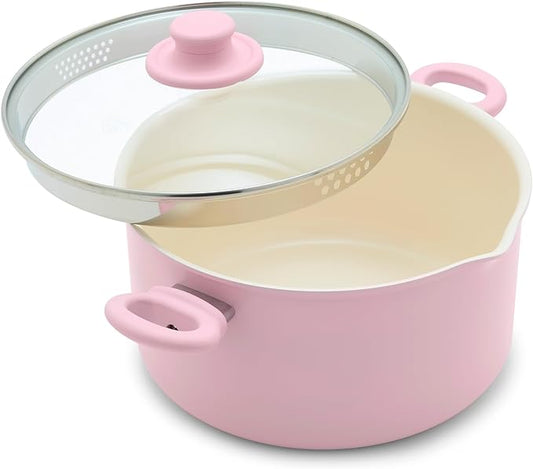 GreenLife 6QT Ceramic Nonstick Stockpot with Glass Straining Lid, PFAS-Free, Dishwasher Safe, Stay-Cool Handles, Oven Safe to 350°F, Wobble-Free Base, Even Heating, Pink by GreenLife